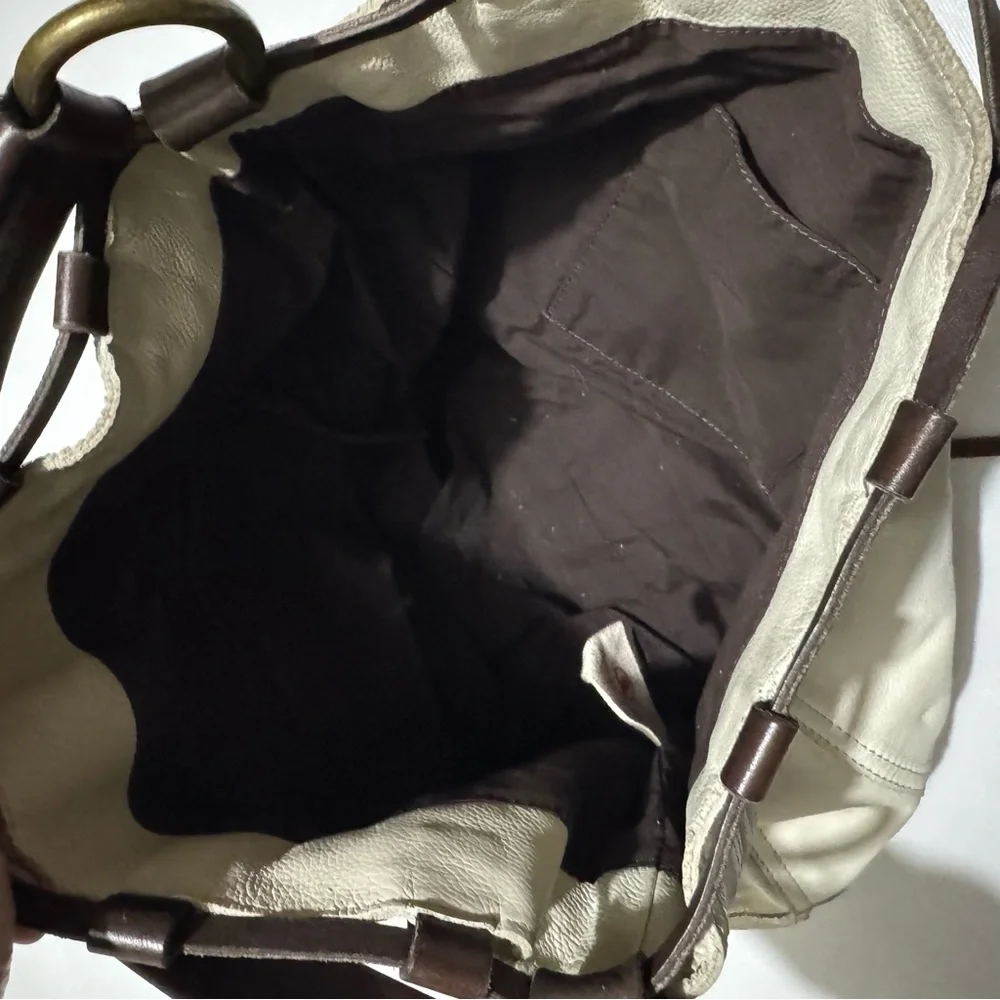 Lucky Brand‎ Cream Brown Leather Large Slouch Shoulder Bag Tote Western Boho